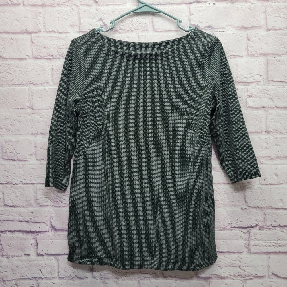 J Jill Ponte‎ Green Black Stretchy Knit Blouse Size SP Geometric Print Comfy